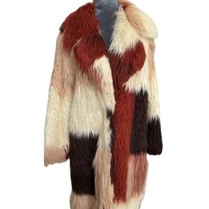 Patchwork Color Block Multicolor Mongolian Faux Fur Coat S/M Boho Oversized